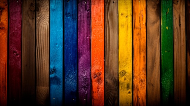 Foto de fondo de tablones de madera Rainbow AI generativa