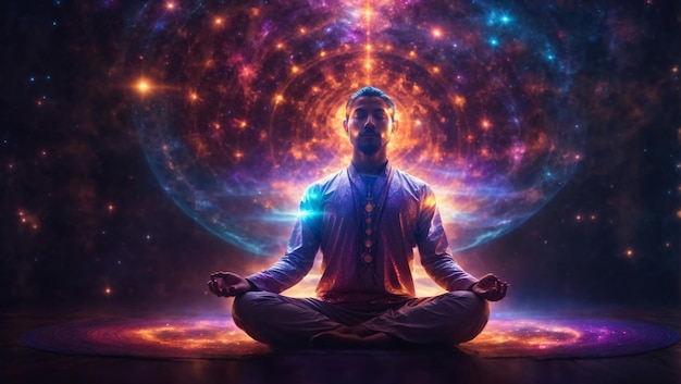 foto foto completa adulto meditando no espaço ai generativo