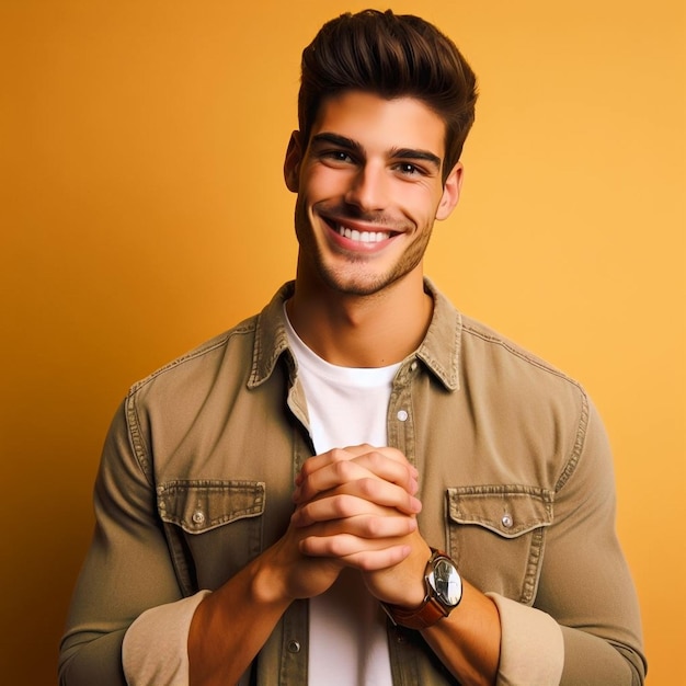 foto foto interior de un joven guapo y alegre con las manos cruzadas fondo amarillo