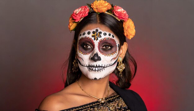 foto foto de una mujer joven con la cara pintada artísticamente para parecerse a calaveras generadas por IA