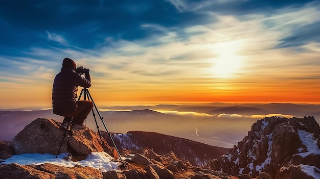 Foto del fotógrafo en la colina de la montaña y fotografiando el paisaje de la puesta de sol de la tarde