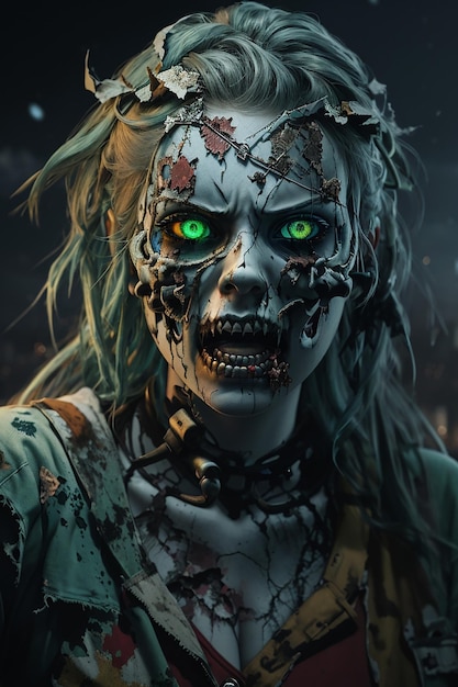 Foto fotorrealista de ultra alta resolución con el logotipo de una mujer zombi gritando enojada y abarrotada.