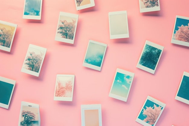 Una foto con fotos de polaroid de árboles capturados contra un fondo rosado Polaroids dispuestos en un patrón sobre un fondo pastel claro AI Generado