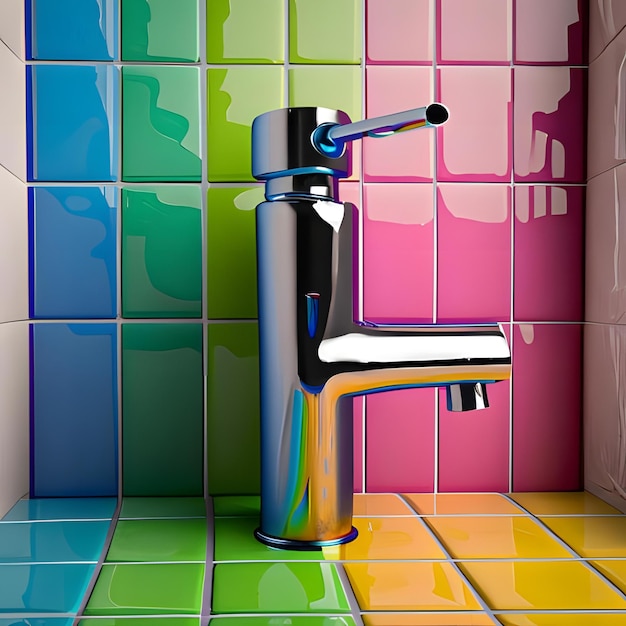 Foto foto fragmento de diseño de baño grifo de agua y azulejos de cerámica arco iris multicolor primer plano 5