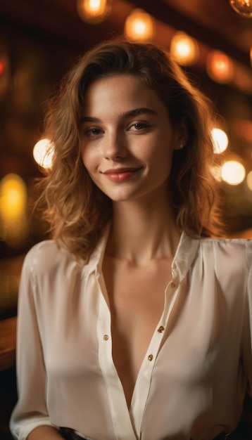 Foto de una francesa de 20 años con blusa en un bar.