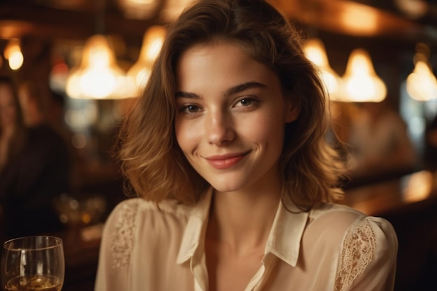 Foto de una francesa de 20 años con blusa en un bar.