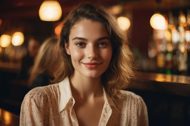 Foto de una francesa de 20 años con blusa en un bar.