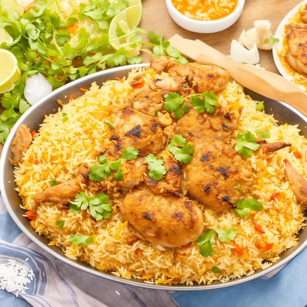 foto frango biryani com arroz basmati cozido no vapor gerado por ai