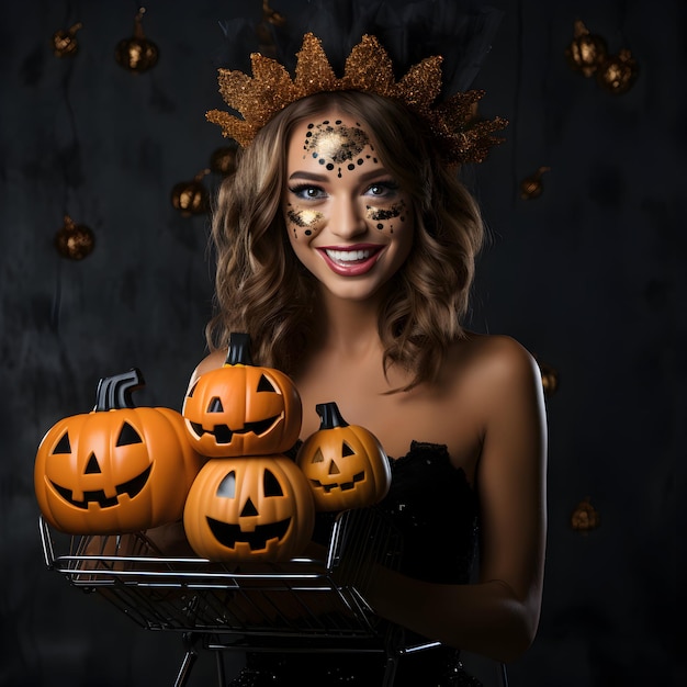 Foto Frau Halloween-Partykostüm mit Kürbissen im Warenkorb für Halloween-Tag