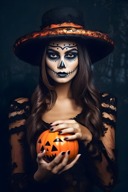 Foto Frau im Hexenkostüm für Halloween-Party Halloween-Tageskonzept generative KI