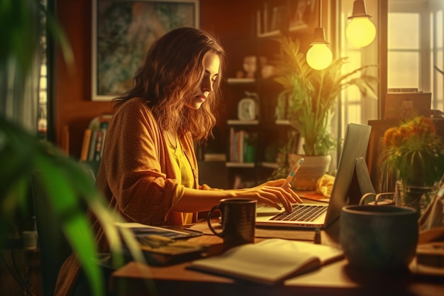 Foto Frau mit Laptop, der im Heimbüro arbeitet