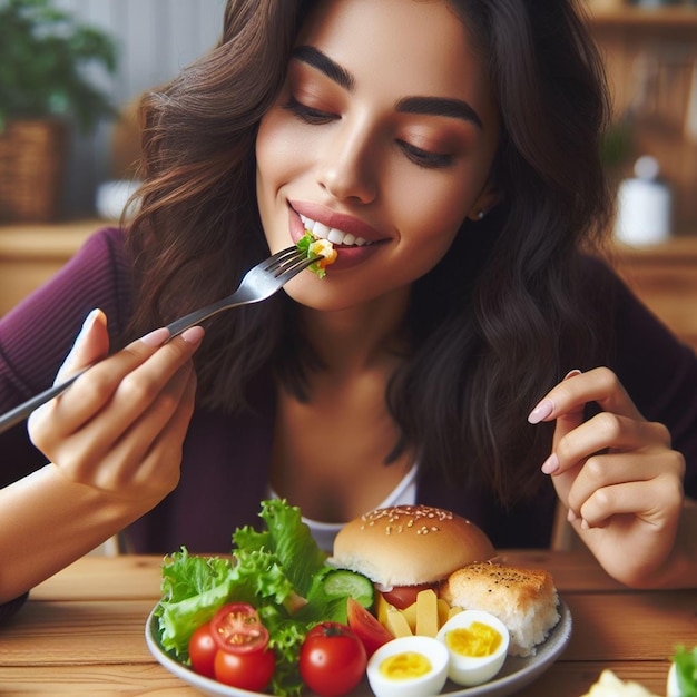 Foto frei Frau, die köstliches Essen isst Hintergrund