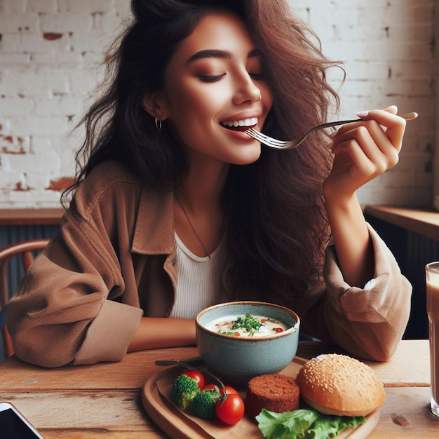 Foto frei Frau, die köstliches Essen isst Hintergrund