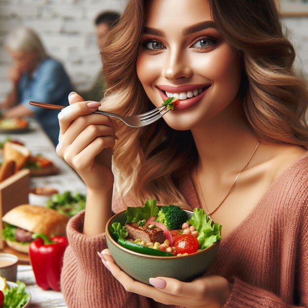 Foto frei Frau, die köstliches Essen isst Hintergrund