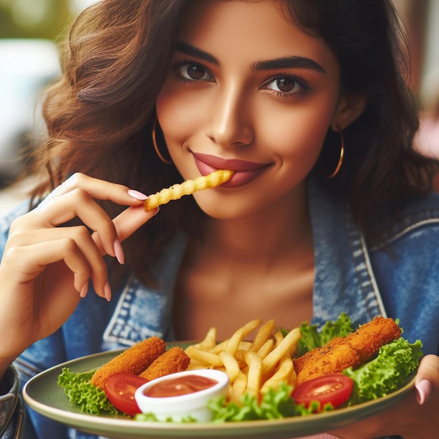 Foto frei Frau, die köstliches Essen isst Hintergrund