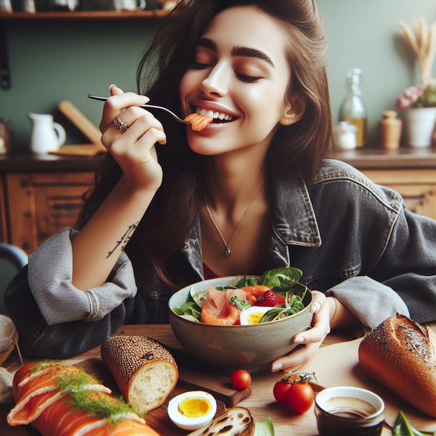 Foto frei Frau, die köstliches Essen isst Hintergrund