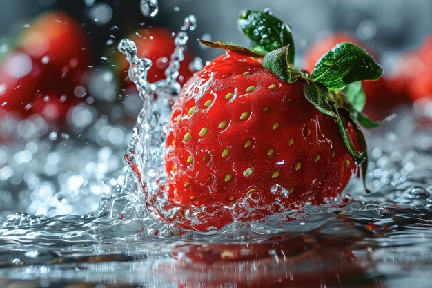 Foto foto de una fresa cayendo en una salpicadura de agua