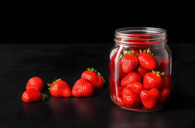 una foto de fresas en un frasco de vidrio sobre una mesa negra