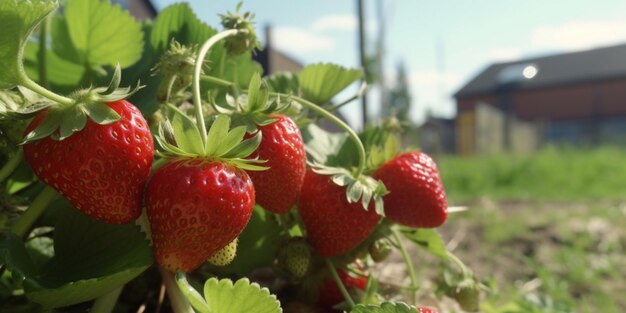 Foto de fresas en una granja en un día soleado fruta de primer plano sobre un fondo brillante Generativo A