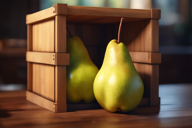 Foto foto frische birne in holzkiste auf einem tisch mit gesundem lebensmittelhintergrund