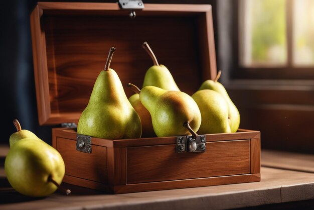 Foto frische Birne in Holzkiste auf einem Tisch mit gesundem Lebensmittelhintergrund