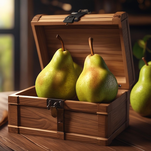 Foto frische Birne in Holzkiste auf einem Tisch mit gesundem Lebensmittelhintergrund