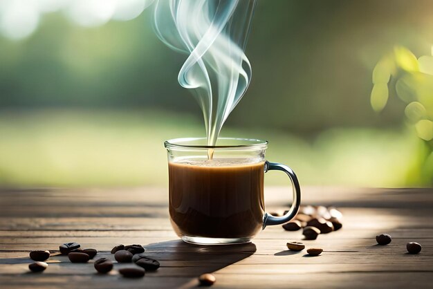 Foto foto frischer kaffee dampft auf einem holztisch aus nächster nähe