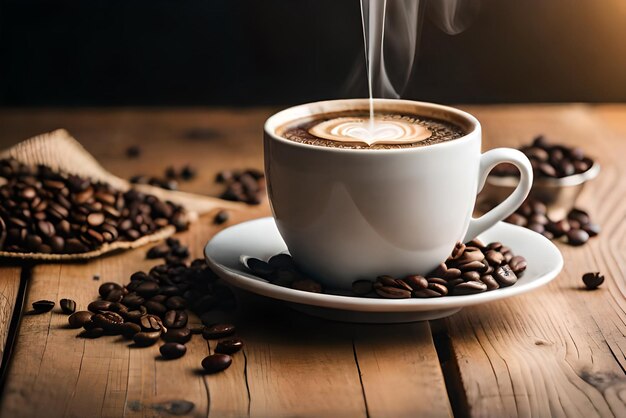 Foto frischer Kaffee dampft auf einem Holztisch aus nächster Nähe