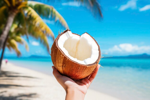 Foto foto frischer kokosnuss in der hand mit plumeria geschmückt am strand mit meereswellen tourist mit frischen früchten