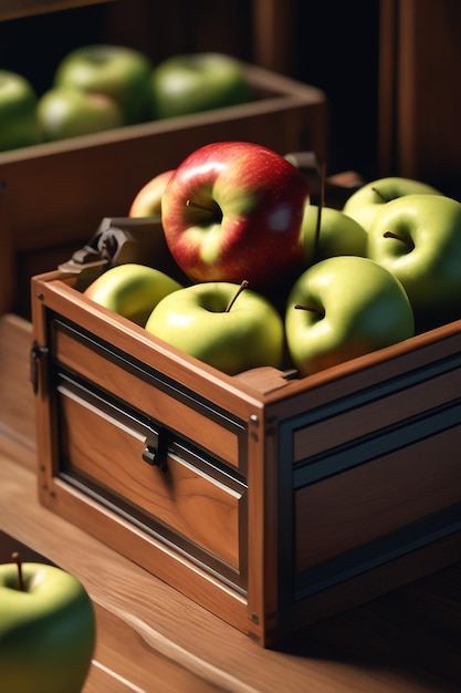 Foto foto frischer leckerer apfel im holzkorbhintergrund auf dem tisch