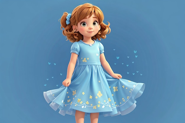 Foto fröhliches Kind Cartoon Illustration glückliches kleines kaukasisches Mädchen in einem Kleid auf blauem Hintergrund