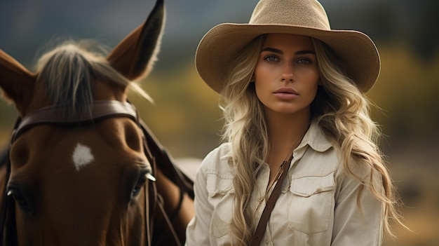 foto frontal de uma mulher sorridente andando a cavalo gerada por IA