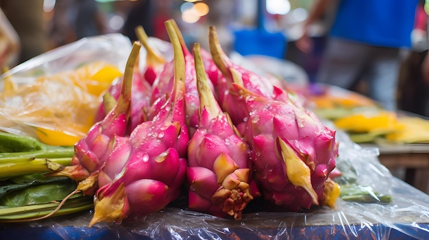 Foto de una fruta del dragón en un bullicioso mercado callejero vietnamita