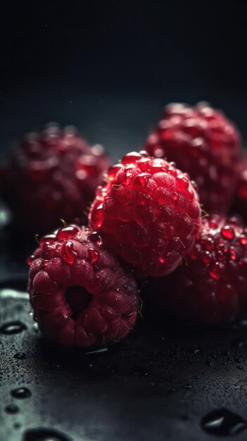 una foto de una fruta de frambuesa rodeada de gotas de agua de lluvia