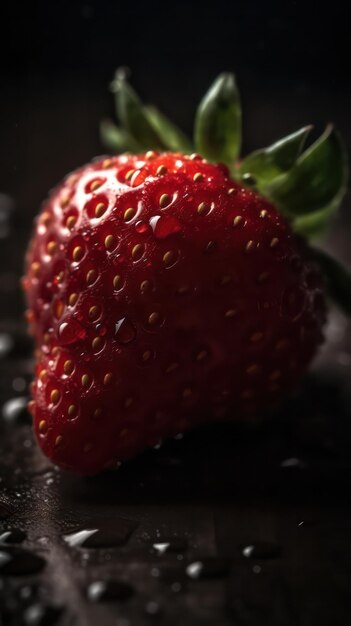 una foto de una fruta de fresa rodeada de gotas de agua de lluvia