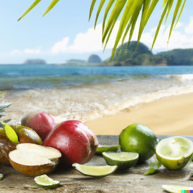 Una foto de una fruta en una mesa con una playa al fondo.