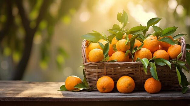 Foto de fruta naranja madura sobre mesa de madera y jugo de naranja