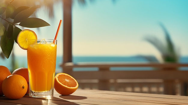 Foto de fruta naranja madura sobre mesa de madera y jugo de naranja