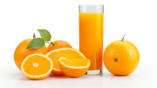 Foto de frutas y jugos de naranja jugosos naturales con fondo de granja naranja