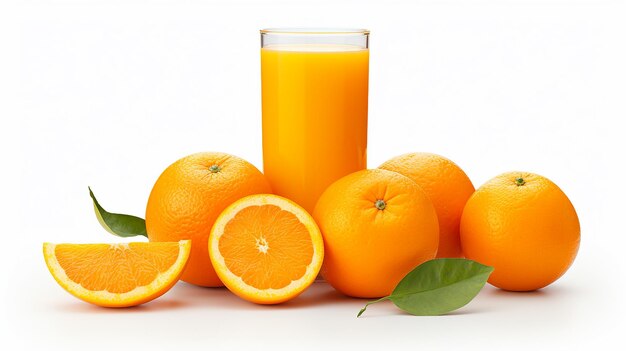 Foto de frutas y jugos de naranja jugosos naturales con fondo de granja naranja