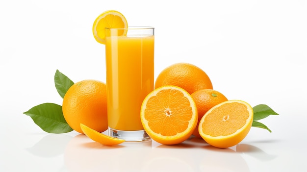 Foto de frutas y jugos de naranja jugosos naturales con fondo de granja naranja