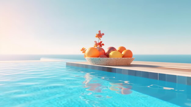 Foto de frutas en una piscina de lujo con fondo oceánico generada por ai