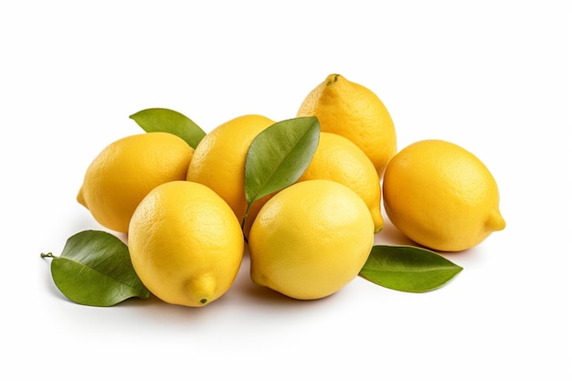 Foto de fruto de limón natural con hojas cortadas y verdes aisladas sobre un fondo blanco