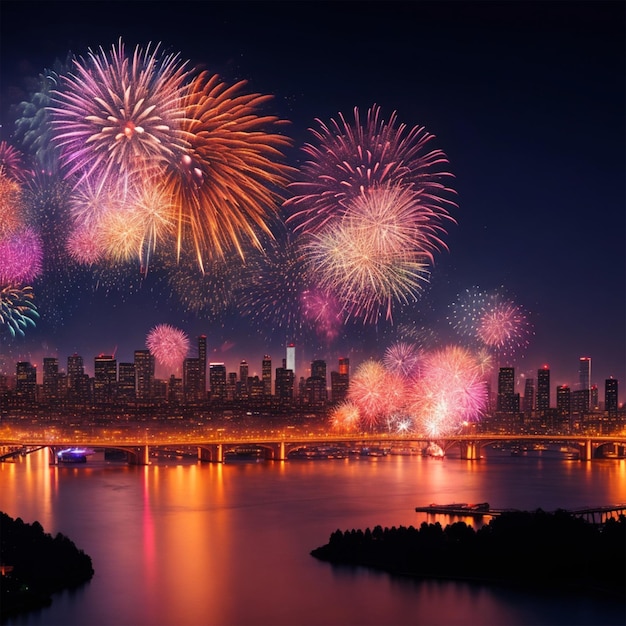 Foto de fuegos artificiales coloridos en la noche vista de la ciudad fondo para la celebración de vacaciones