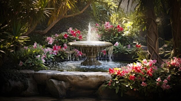 Una foto de una fuente de piedra en un jardín exuberante de flores en flor