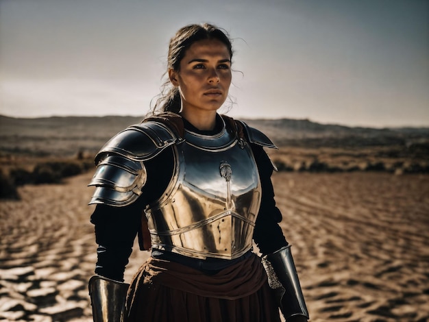 Foto foto de una fuerte antigua joven guerrera femenina con armadura romana teñida de ia generativa