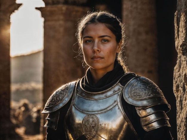 foto de una fuerte antigua joven guerrera femenina con armadura romana teñida de IA generativa