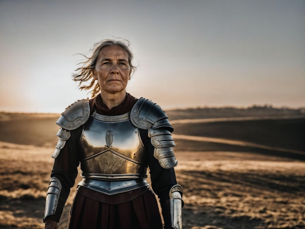 foto de una fuerte antigua mujer guerrera con armadura romana teñida de IA generativa