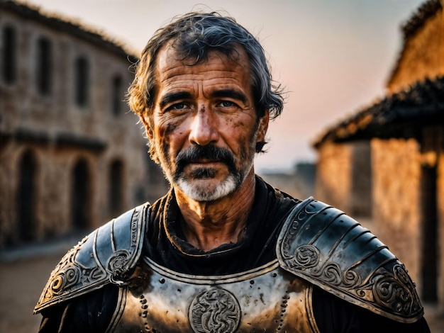 Foto foto de un fuerte antiguo guerrero masculino con armadura romana teñida de ia generativa