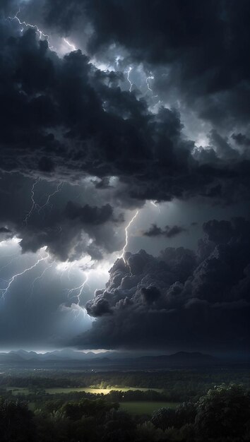 Foto foto de una fuerte nube de lluvia oscura en el cielo con truenos y relámpagos que caen tornados en un campo
